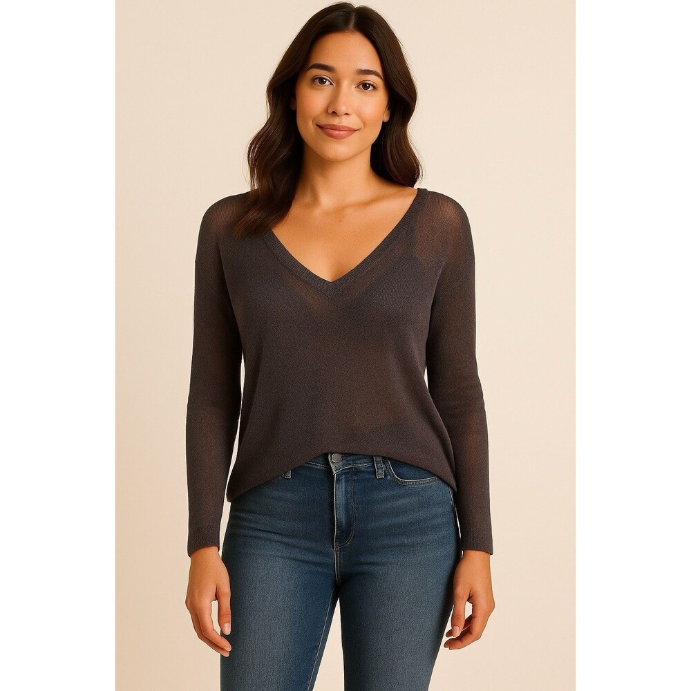 Eileen Fisher XL Gray V Neck Cotton Nylon Blend Knit Sweater Italian Yarn